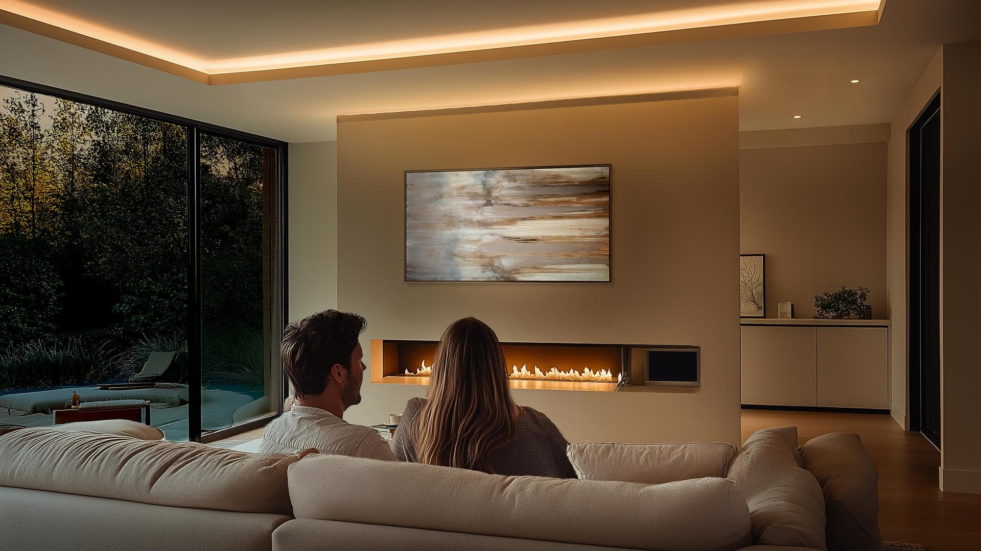 A living room cove lit with InvisiLED Duet